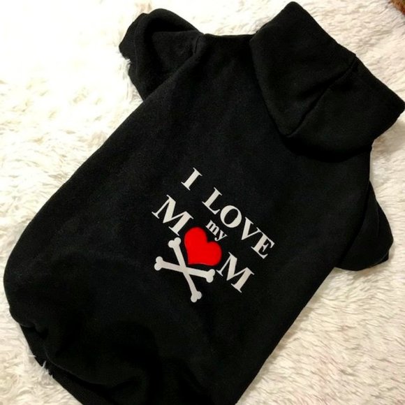 NWOT I Love My Mom Heart and Crossbones Cotton Blend Fleece Dog Hoodie - Picture 1 of 6